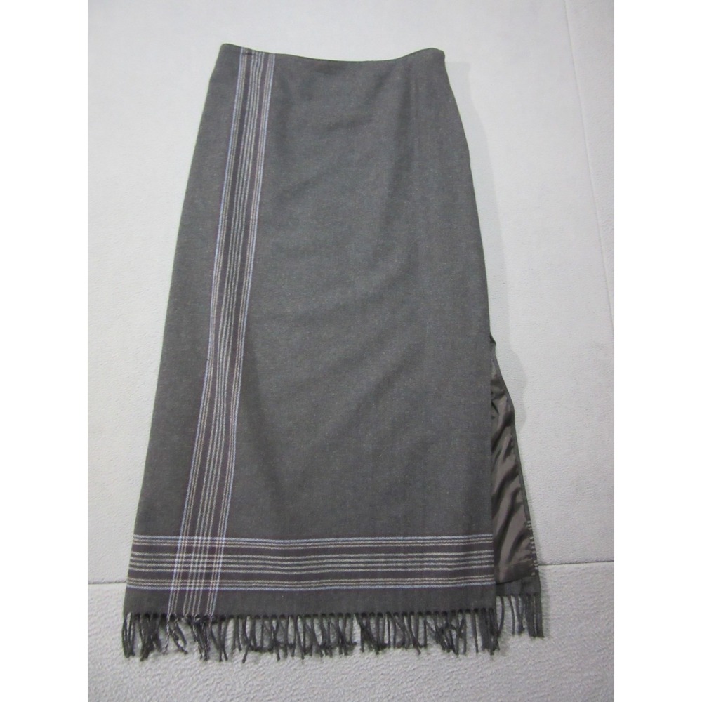 Dana Buchman Skirt Women 16 Gray Wool Blend Vtg Striped Pencil Straight Fringe